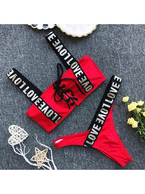 Spaghetti Strap Drawstring Letters Bikini