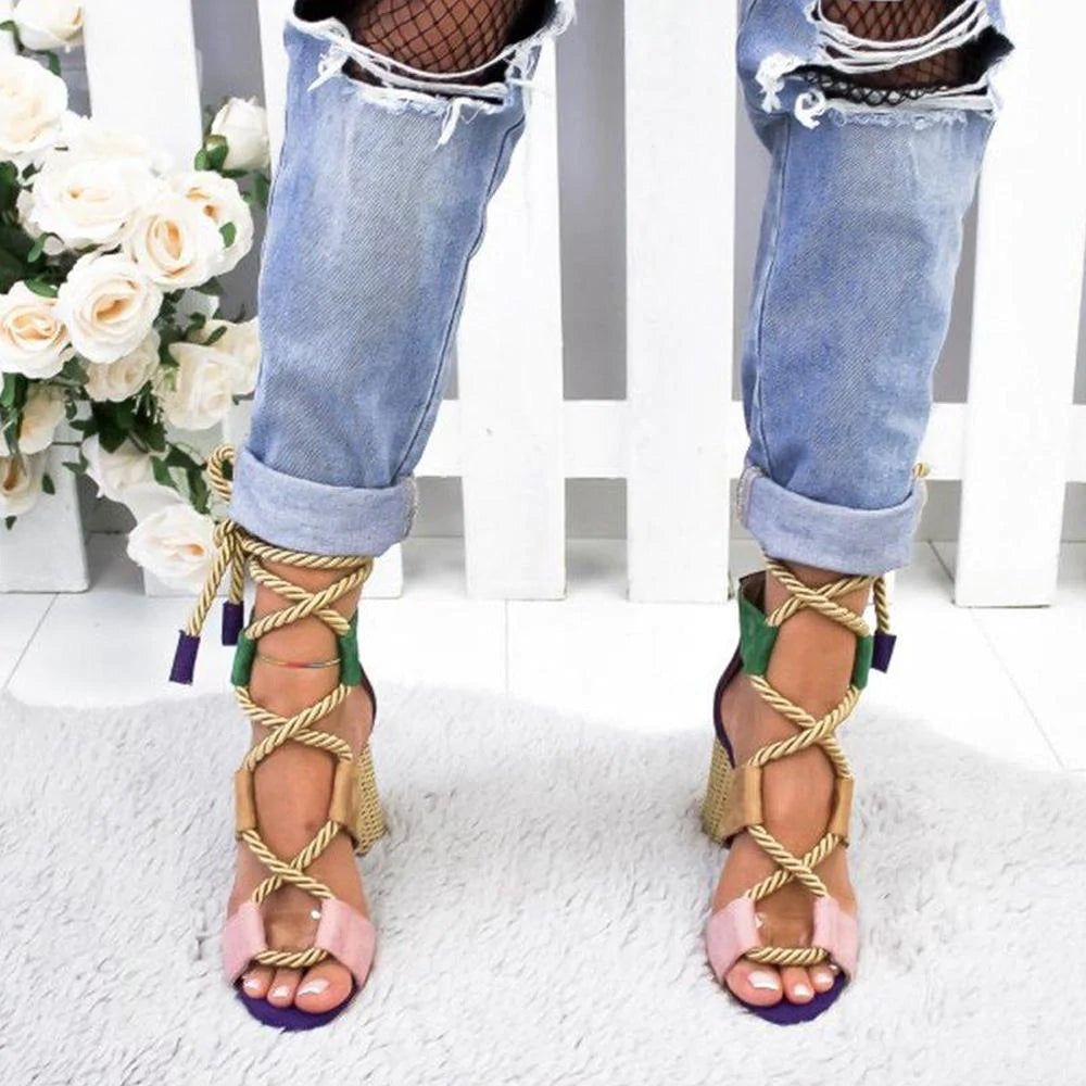 Multi-color Lace-up Heeled Sandals