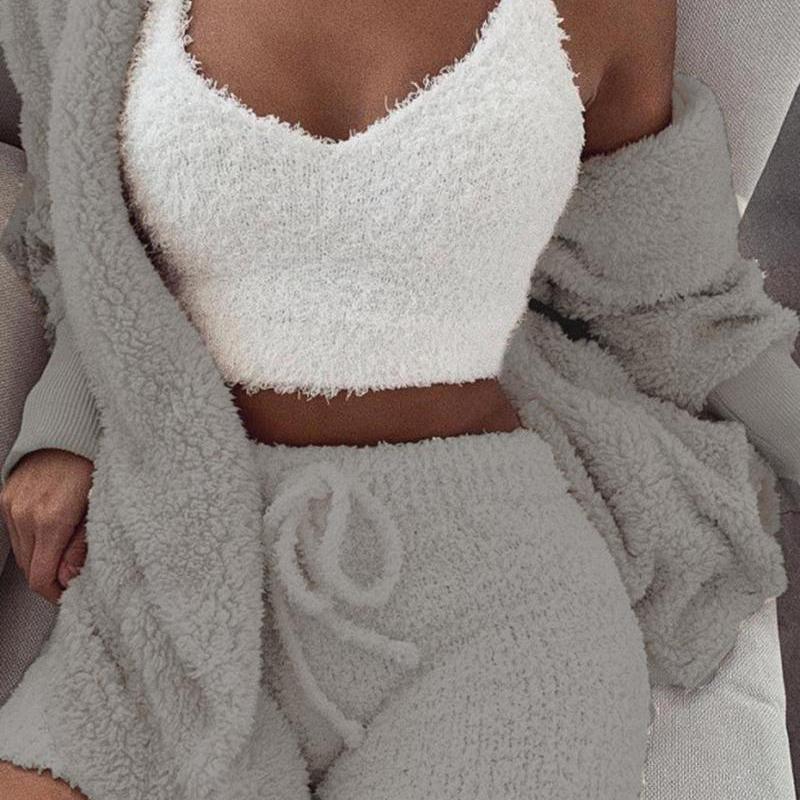 Fluffy Hooded Open Front Teddy Coat & Short Sets