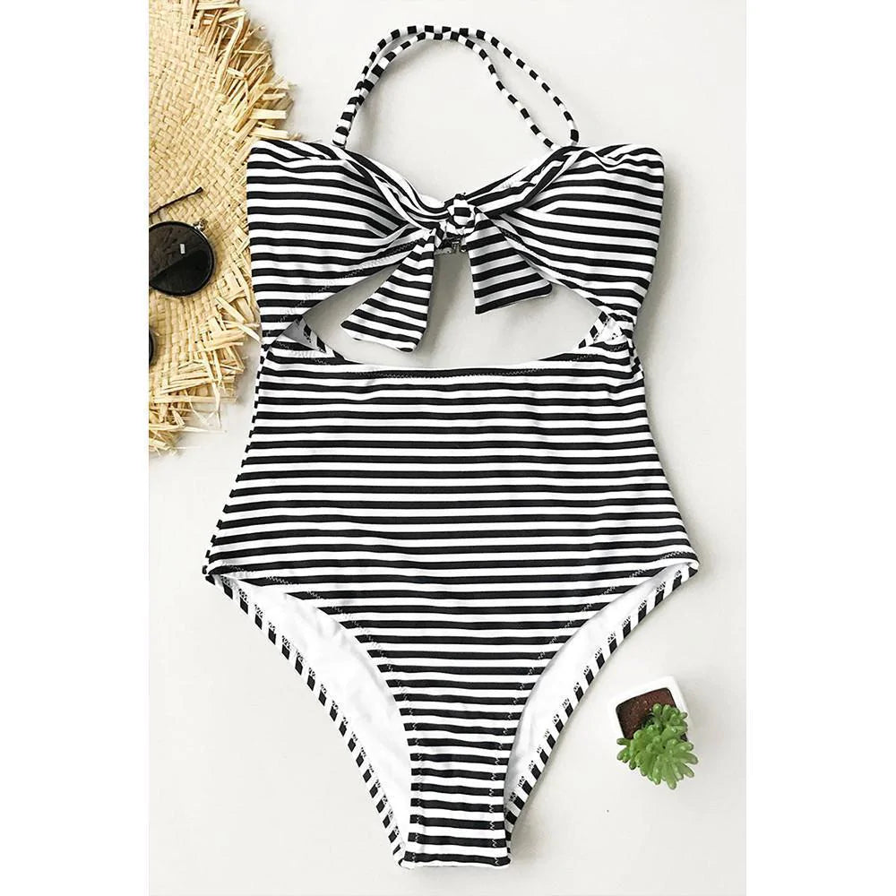 Pinstripe Halter One-Piece Swimsuit