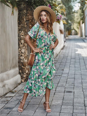 Casual Floral V Neck Short Sleeve Asymmetrical Long Dress