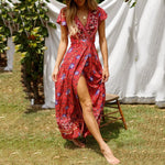 New Bohemian Big Pendulum V-Neck Beach Holiday Tie Printing Maxi Dresses.MC