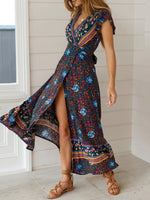 New Bohemian Big Pendulum V-Neck Beach Holiday Tie Printing Maxi Dresses.MC