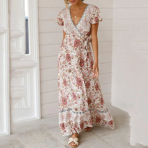 New Bohemian Big Pendulum V-Neck Beach Holiday Tie Printing Maxi Dresses.MC