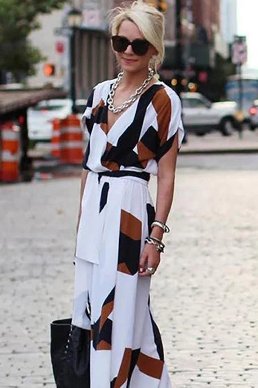 Best Color Block Wrap Short Sleeve Maxi A-line Dress