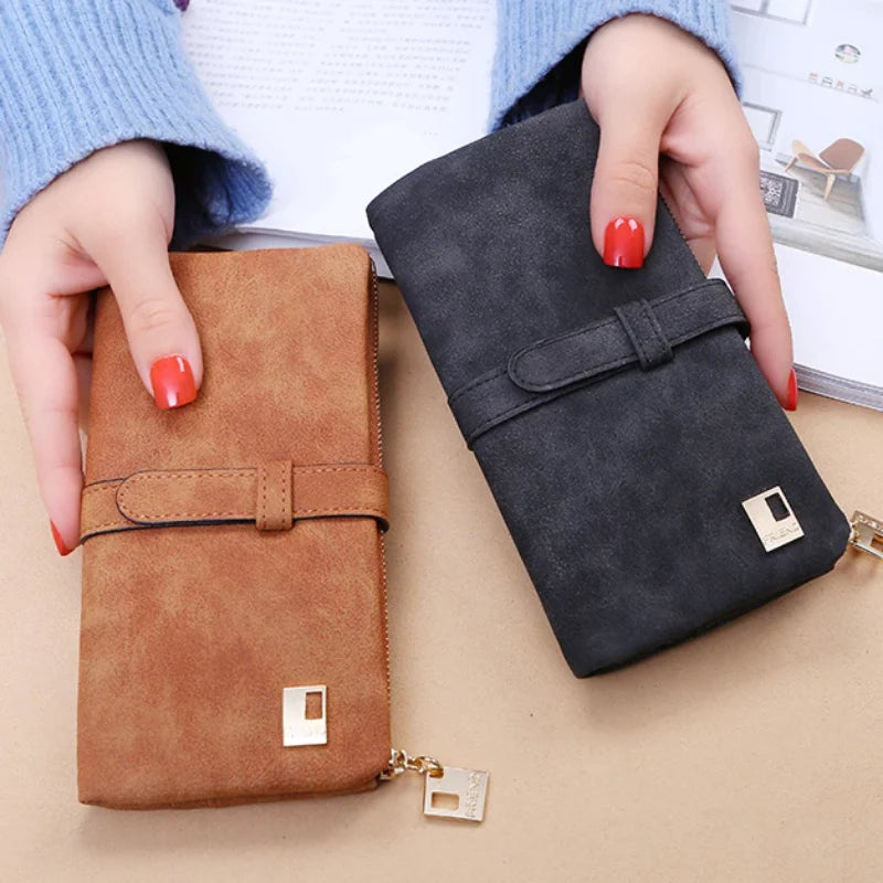 Women Drawstring Nubuck Leather Zipper Two Fold Wallet