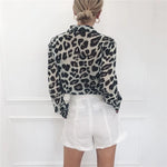 Women Long Sleeve Sexy Leopard Print Turn Down Collar Blouse