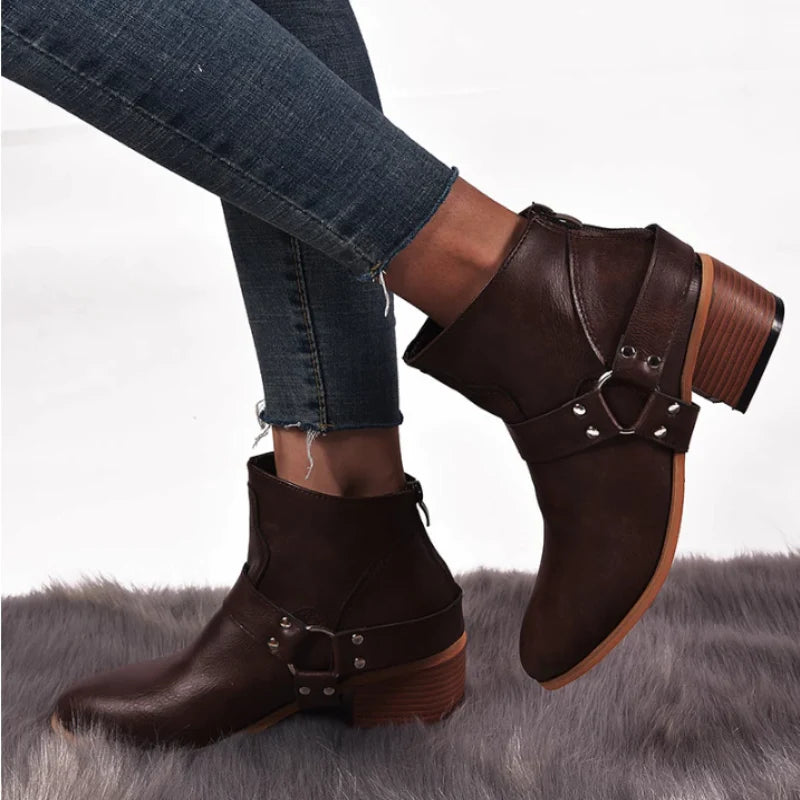 Women Round Toe Med Vintage Short Boots