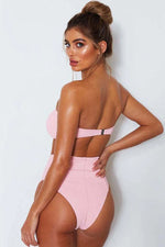 New Ribbed Bowknot Bandeau Bikini Swimsuit in Pink.MO