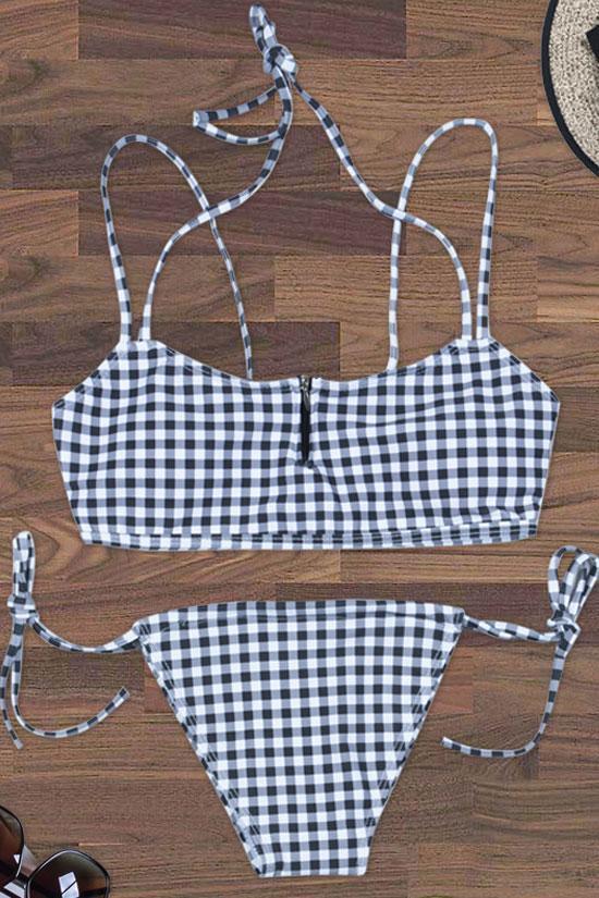 New Gingham Halter String Bikini Swimsuit in Black.MO