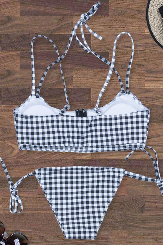 New Gingham Halter String Bikini Swimsuit in Black.MO