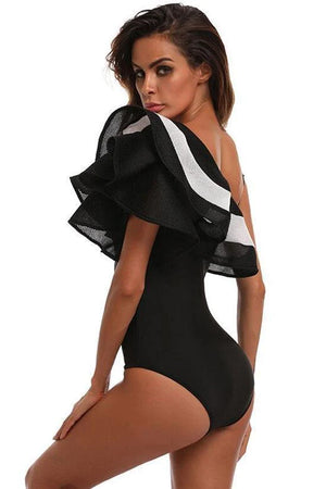 New Contrast Meshlet Ruffle One Shoulder One Piece Swimsuit in Black.AQ